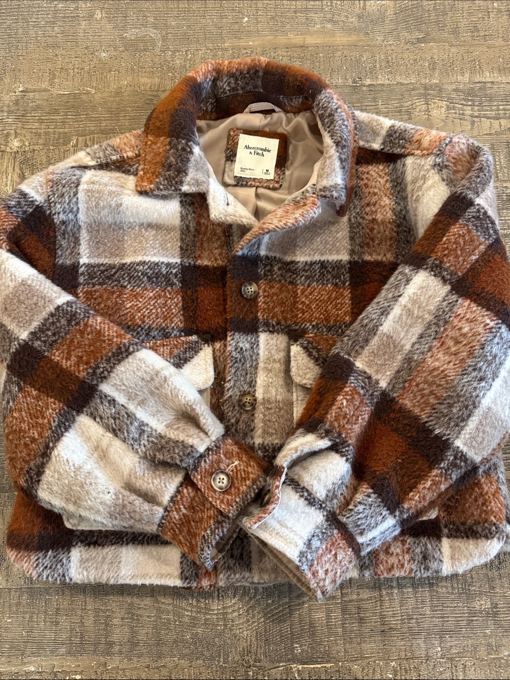 Abercrombie & Fitch Plaid Sherpa Shacket - Brown & Cream